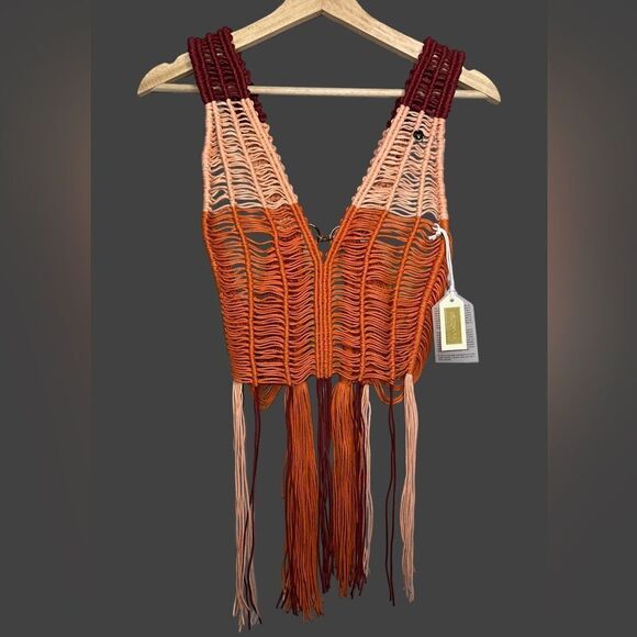 Oropendola FP Macrame Women’s Top Fringe Sleeveless V Neck Statement Piece Small - Picture 1 of 6